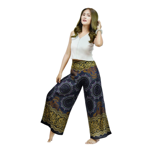 Chic and Comfortable: Flared Wide Leg Pants Elastic Waist Long Printed Trousers for Women #FL004