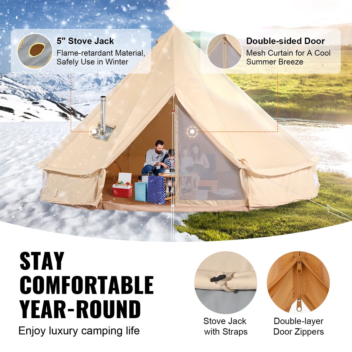 Canvas Bell Tent 5M/16.4Ft 4-Season Camping Yurt Tent with Stove Jack